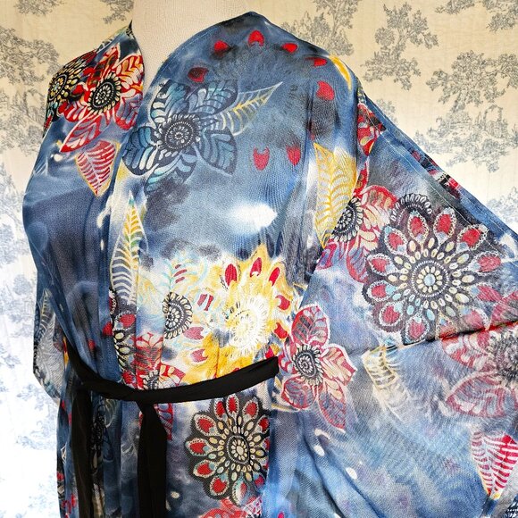 Retro Style Caftan Sheer Blue Floral S to Plus New - Picture 11 of 11
